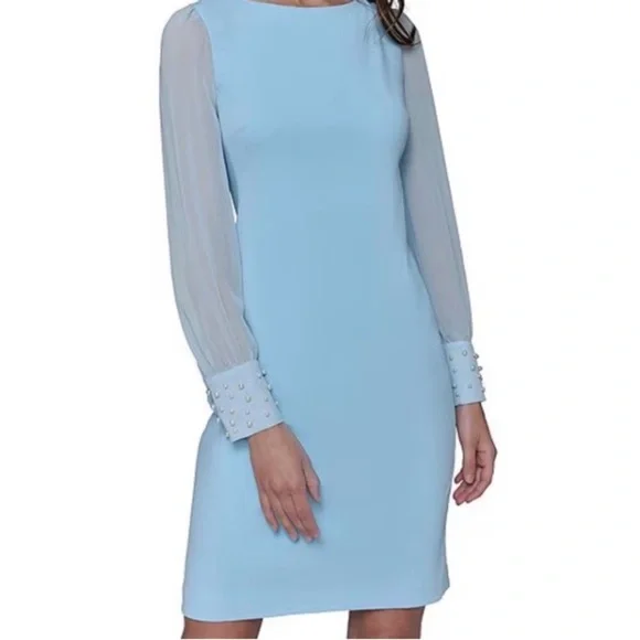 Karl Lagerfeld Powder Blue Long Sleeve Sheath Dress Pearl Sleeves Accent Size 16 - Picture 3 of 6